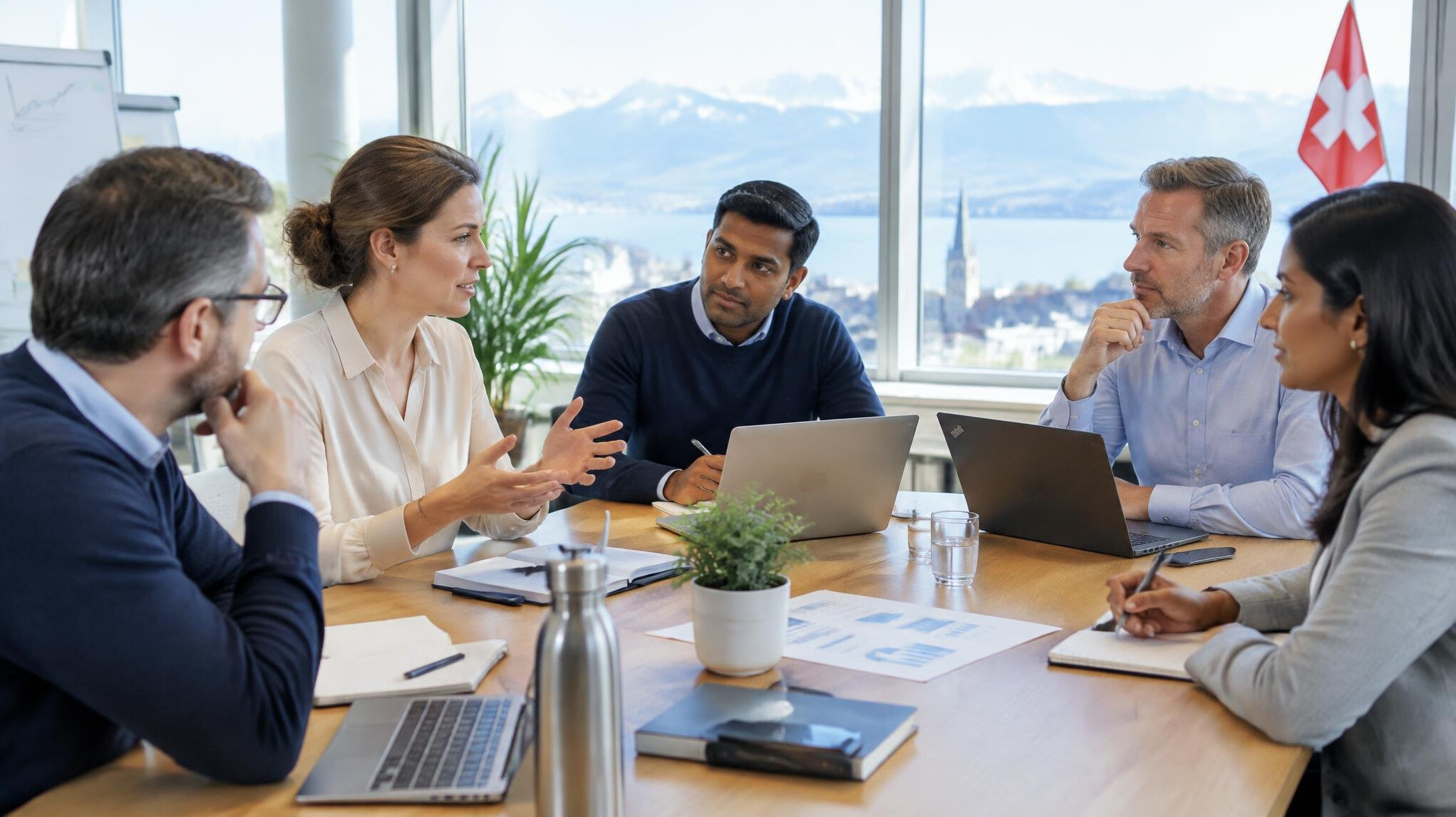 Business leaders discussing strategy in a modern meeting room